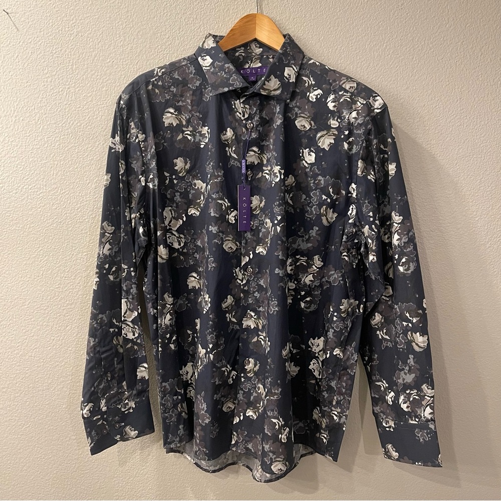 Kolte Casual Button Down Floral Patterned Men's Shirt - Gray, White and Navy